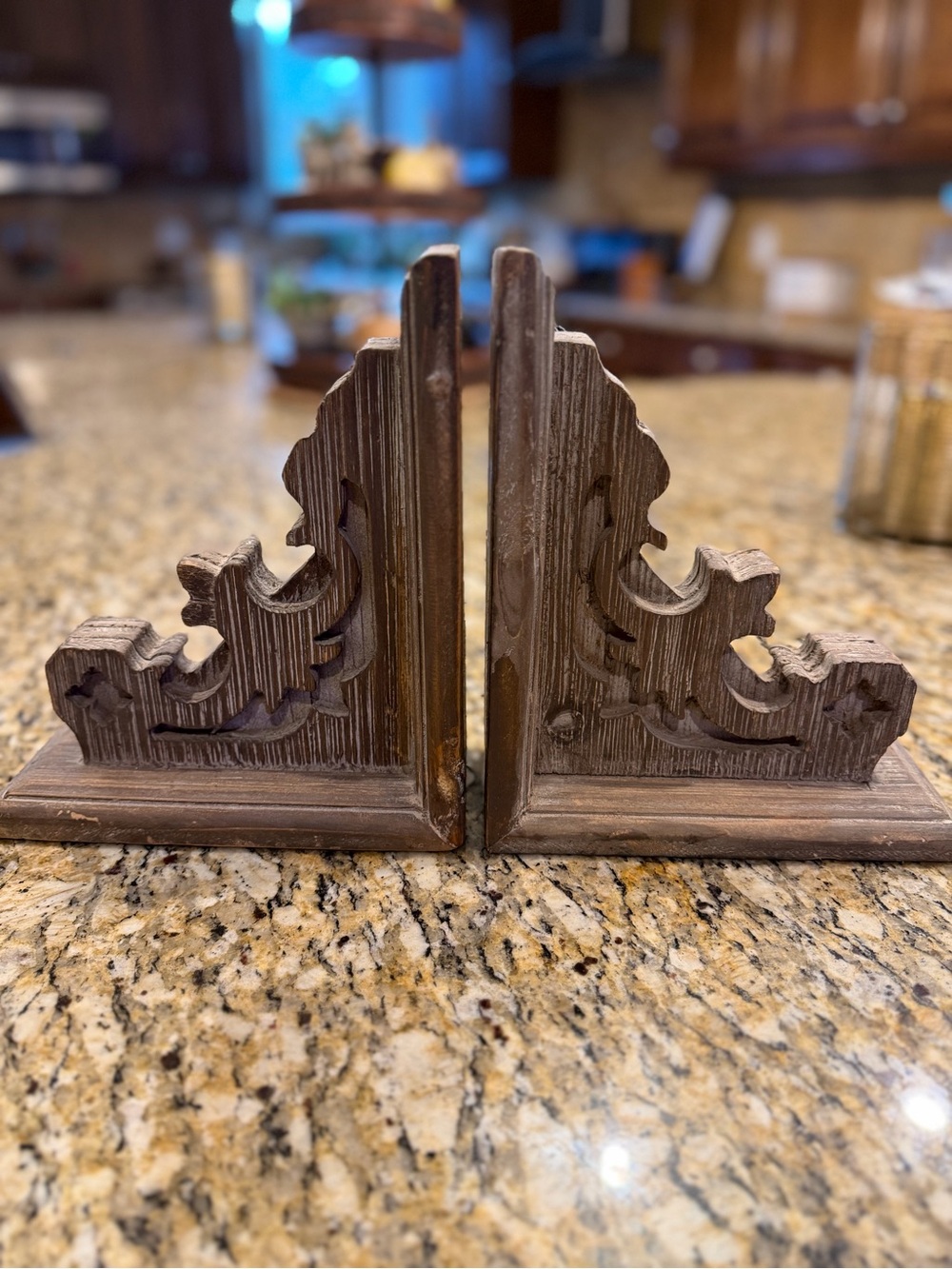 Rustic Brown Carved Wood Bookends - Pair